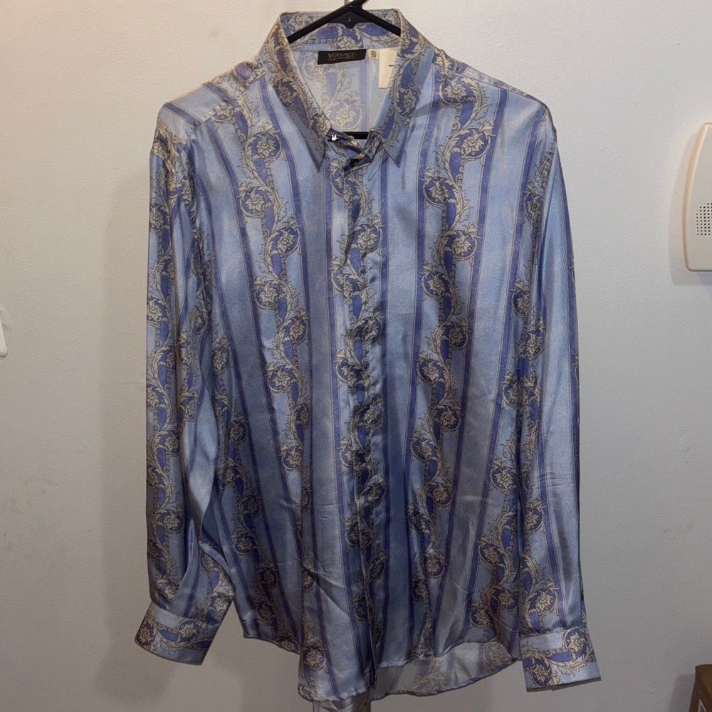 Versace Blue and Gold Striped Shirt Size 15.5 /39